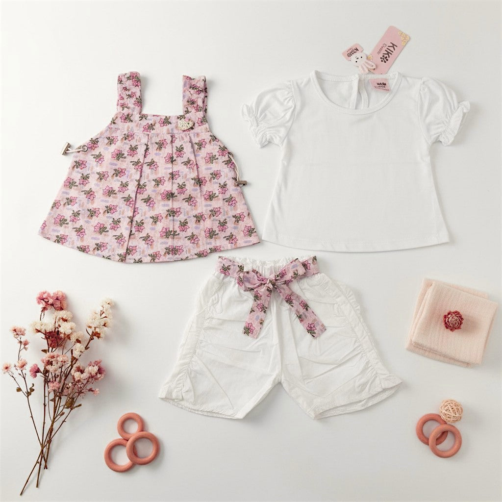 Baby Girl Floral 3-Piece Set – Dungaree Top, Puff Sleeve Tee & Shorts