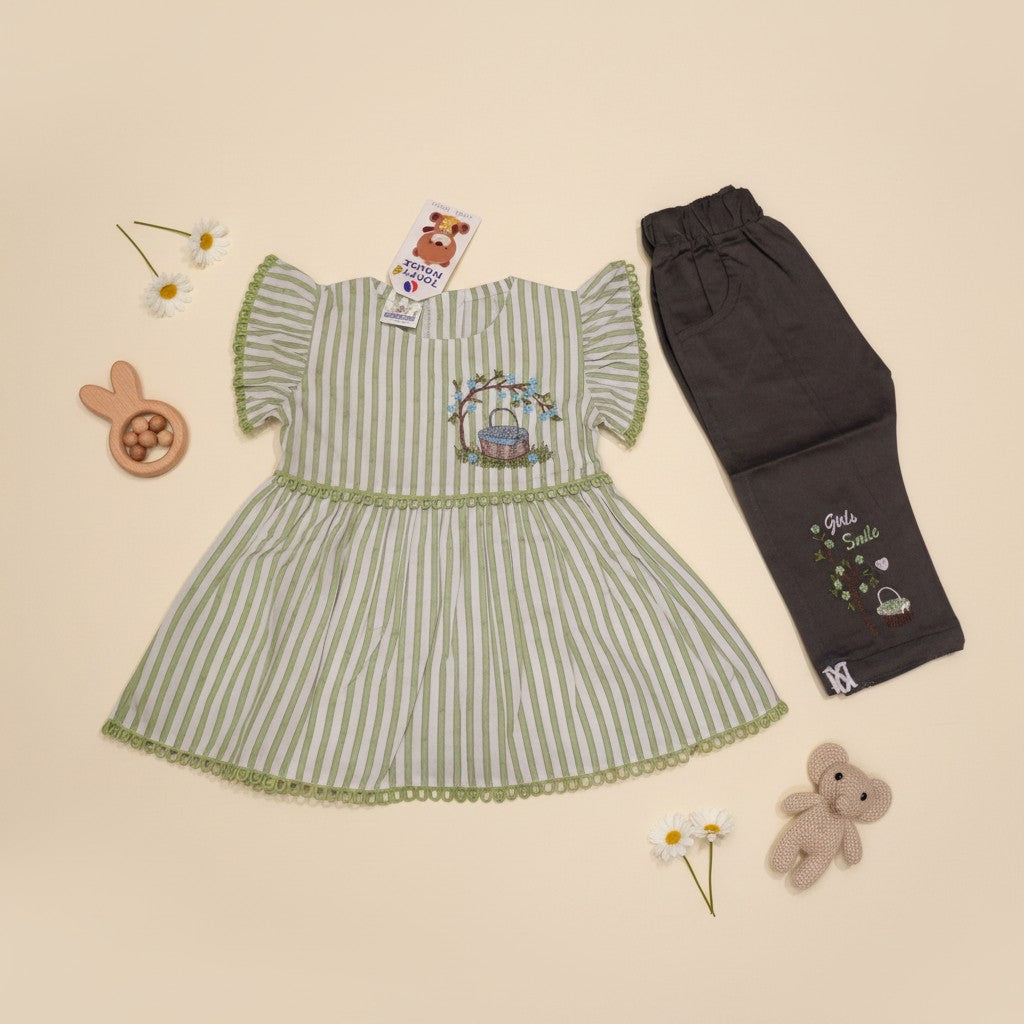 Girls Stripe Embroidered Top & Pants Set