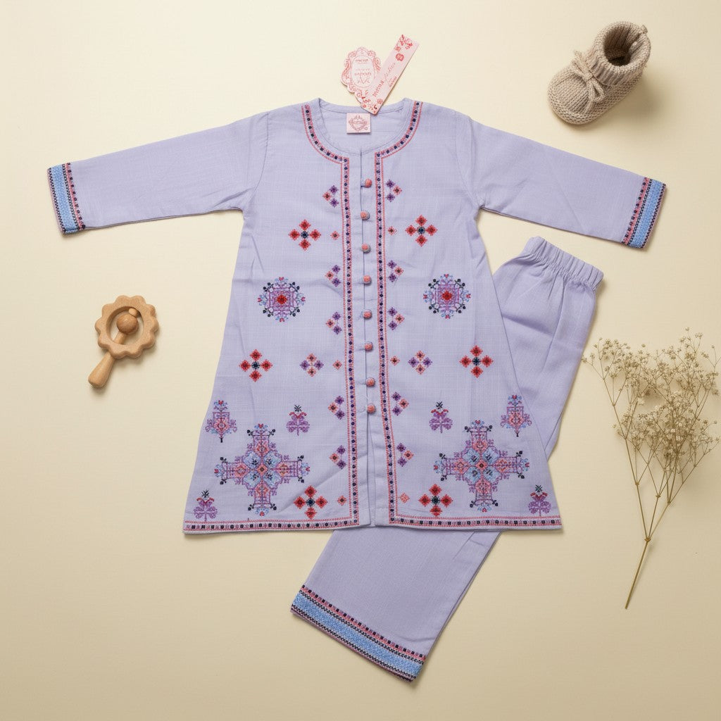 Girls Cross Stitch Embroidered Kurta Trouser Set | White & Lilac