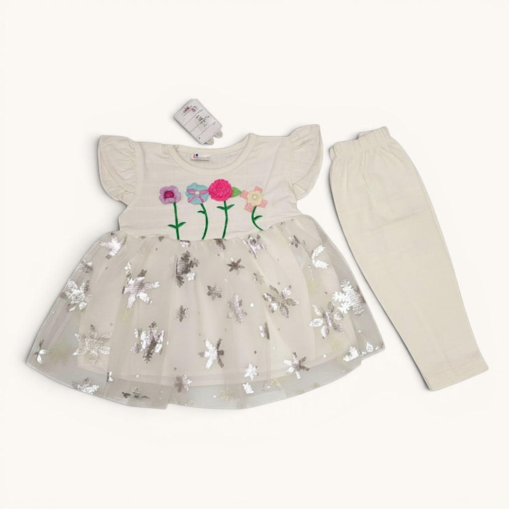 Embroidered frock with Tulle Dress & Leggings Set | Size 0 (Newborn)