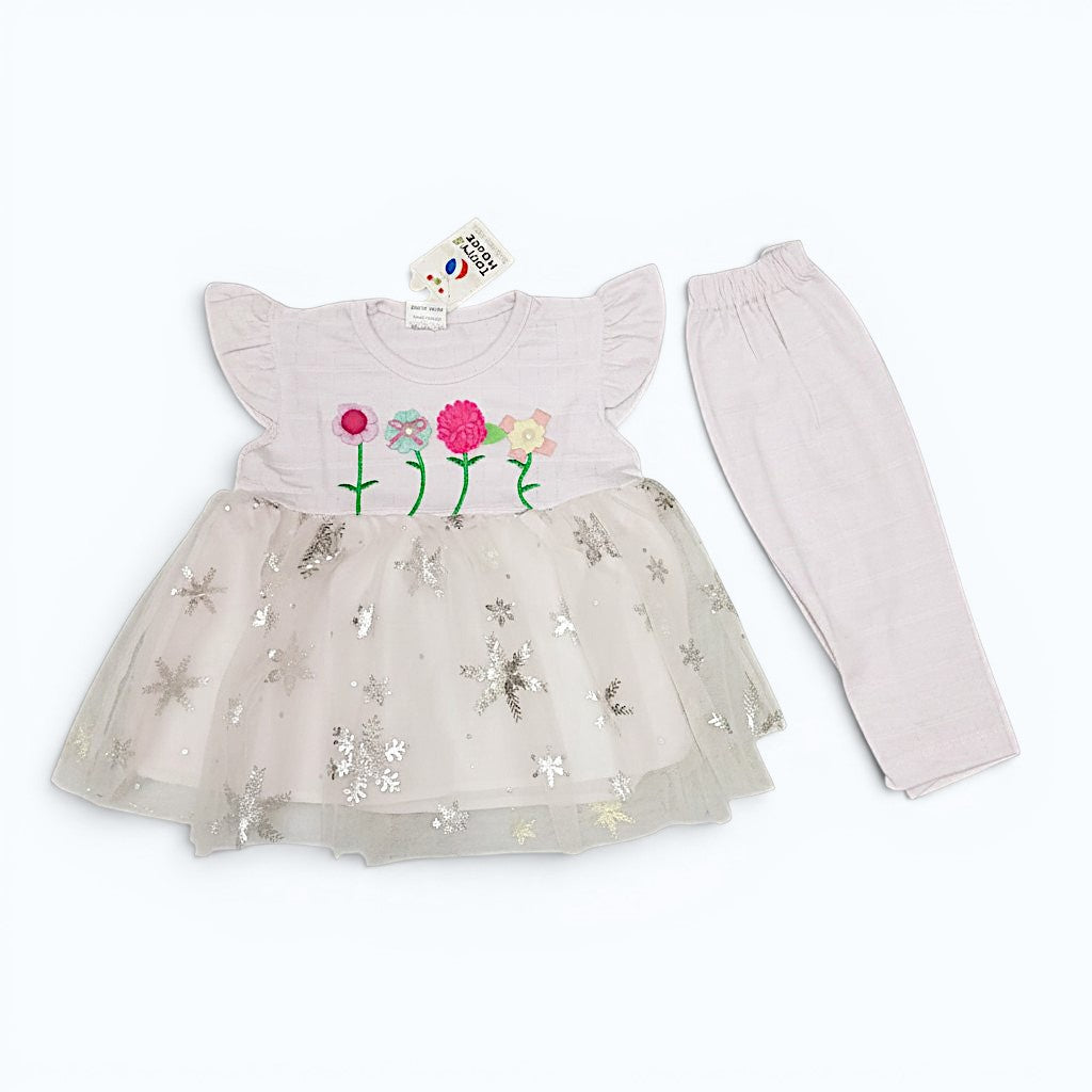 Embroidered frock with Tulle Dress & Leggings Set | Size 0 (Newborn)