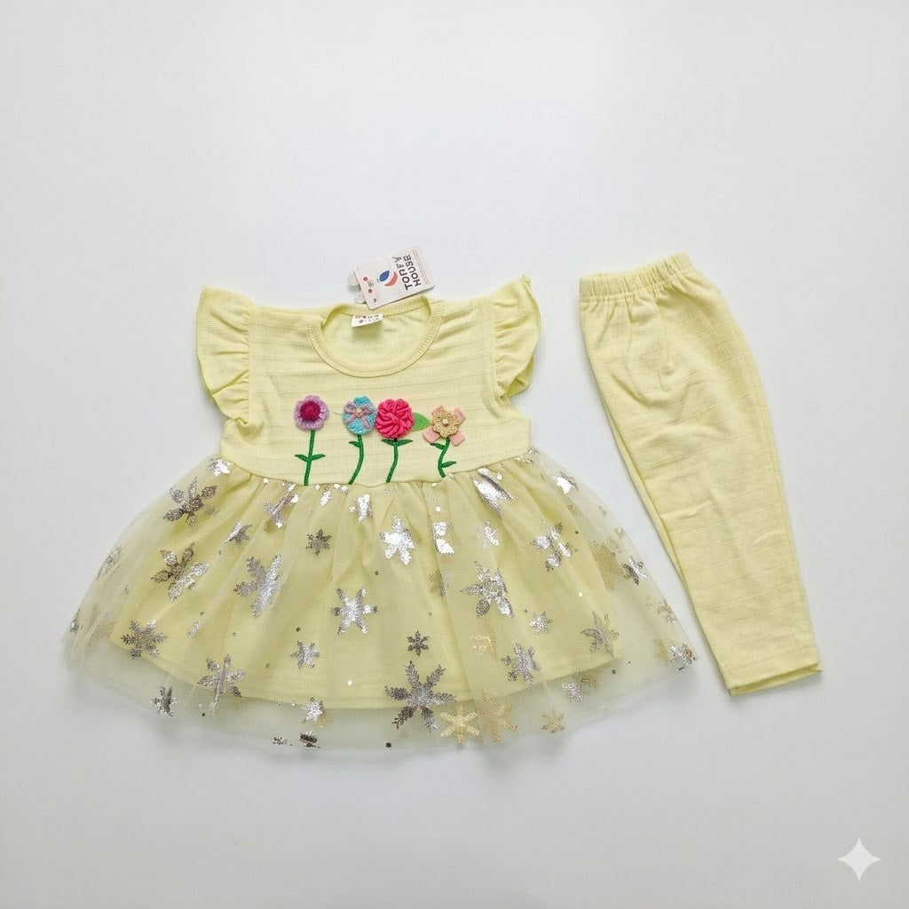 Embroidered frock with Tulle Dress & Leggings Set | Size 0 (Newborn)