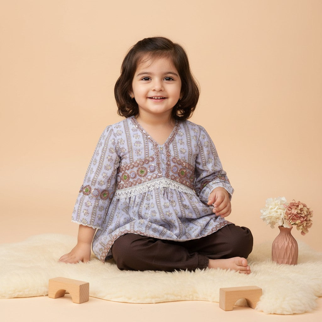 Girls Embroidered Kurti with Dark Brown Pants