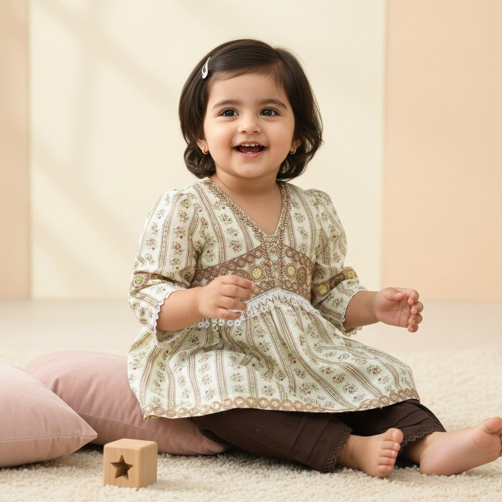 Girls Embroidered Kurti with Dark Brown Pants