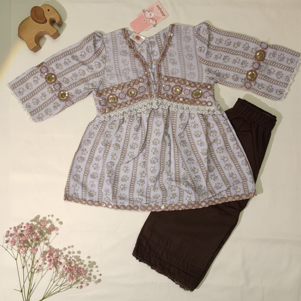 Girls Embroidered Kurti with Dark Brown Pants
