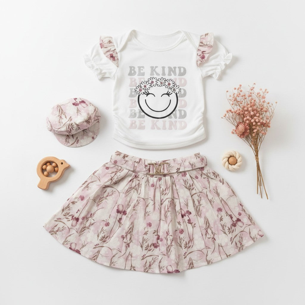 Girls Be Kind Smiley Tee & Floral Skirt Set with Cap