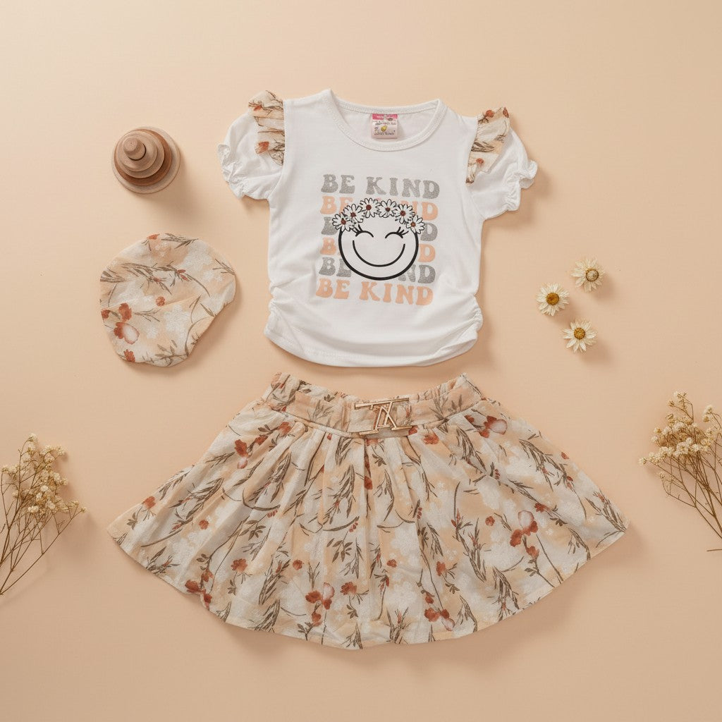 Girls Be Kind Smiley Tee & Floral Skirt Set with Cap
