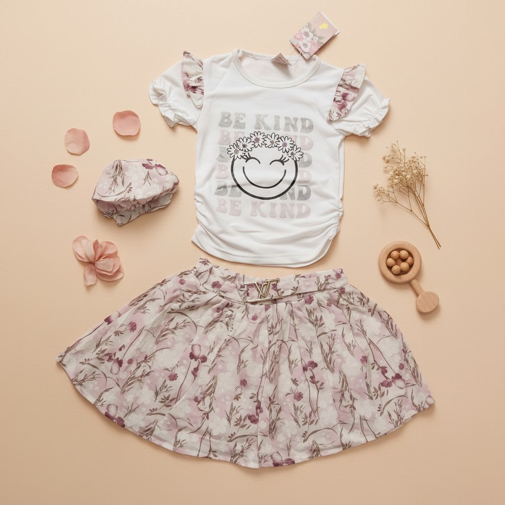 Girls Be Kind Smiley Tee & Floral Skirt Set with Cap