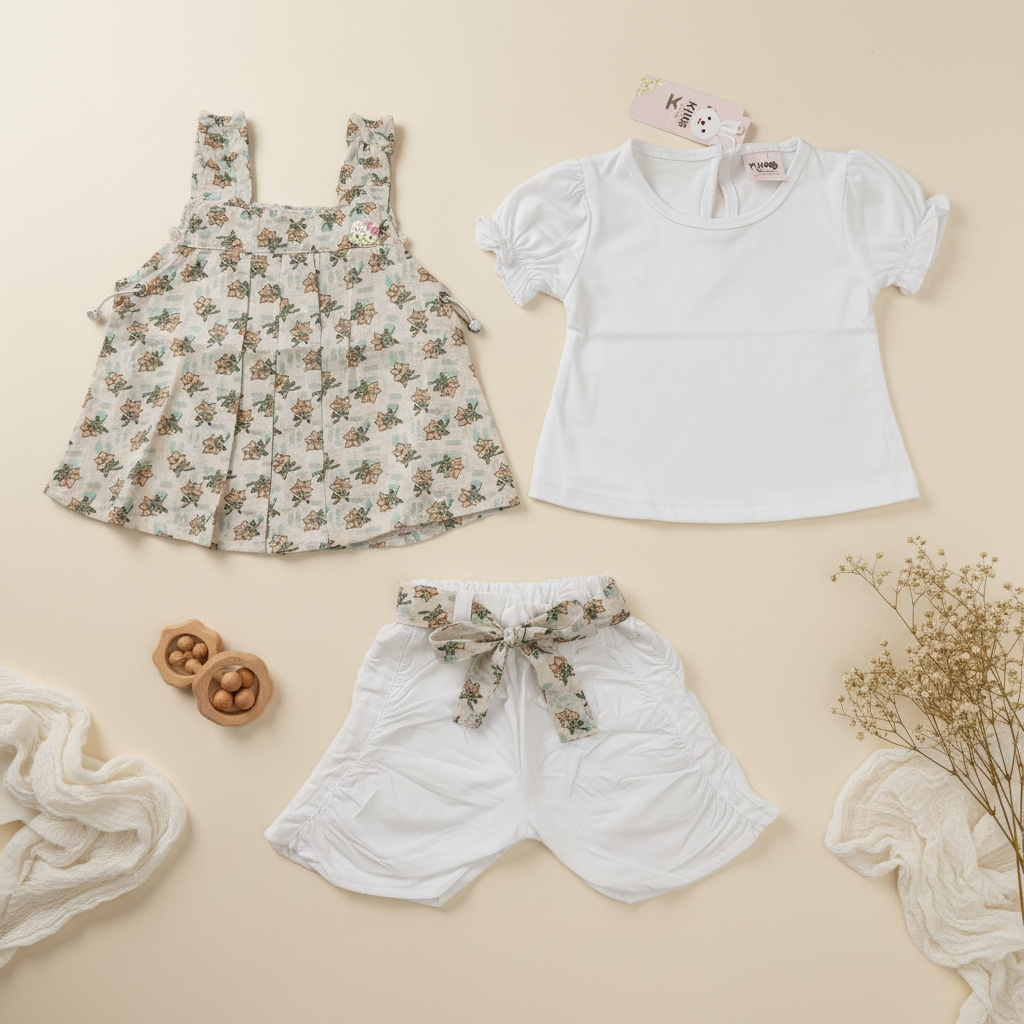 Baby Girl Floral 3-Piece Set – Dungaree Top, Puff Sleeve Tee & Shorts