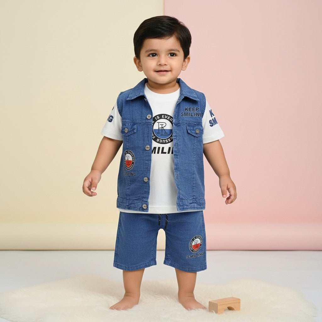 Keep Smiling Denim Vest Tee & Shorts 3-Piece Set
