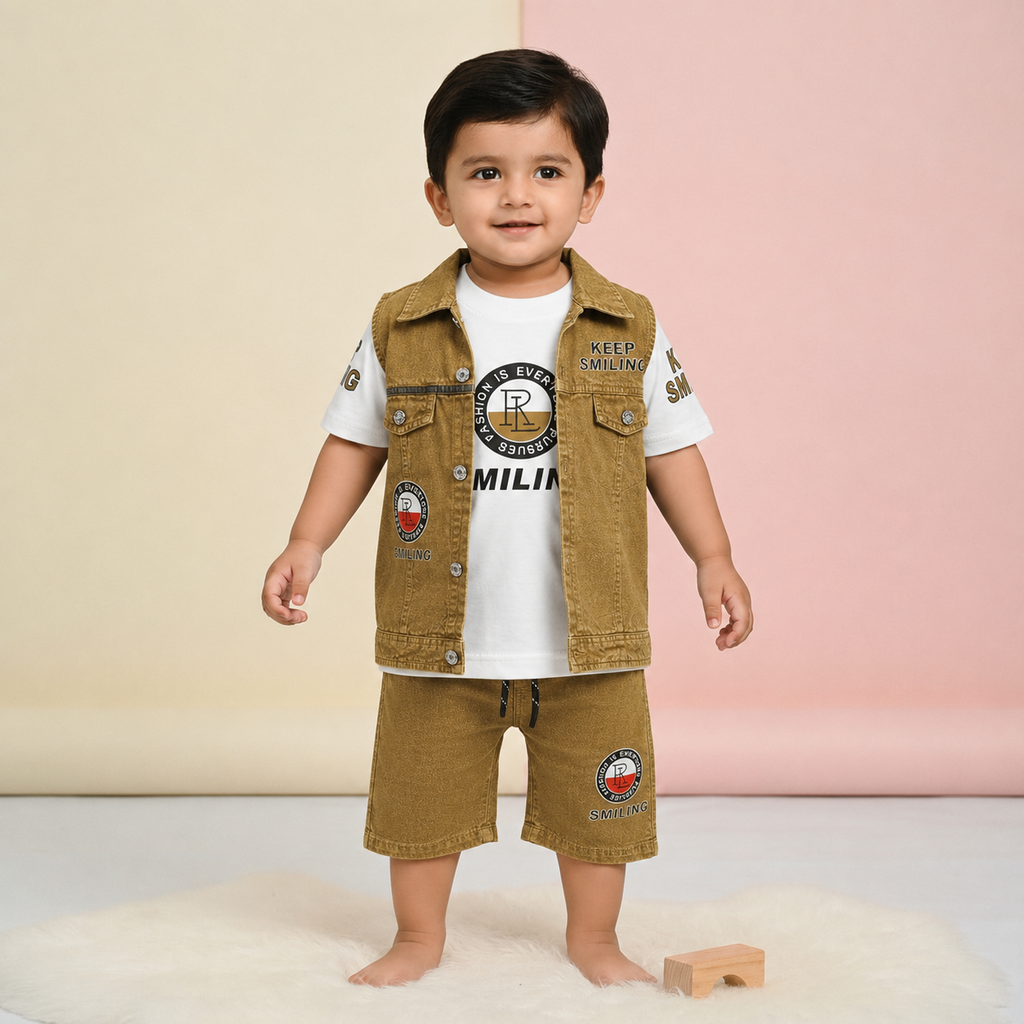 Keep Smiling Denim Vest Tee & Shorts 3-Piece Set