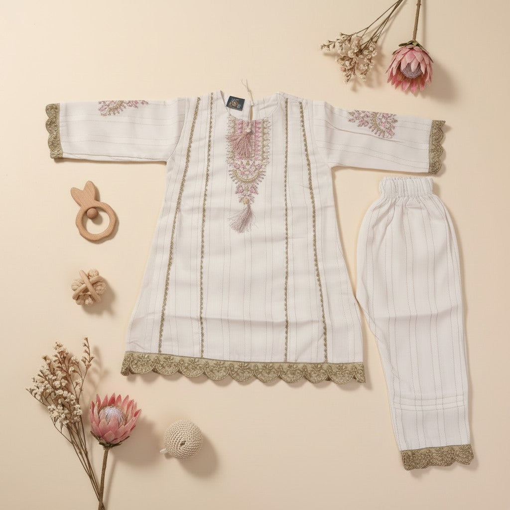 Girls Embroidered Kurta Palazzo Set | White with Gold & Pink
