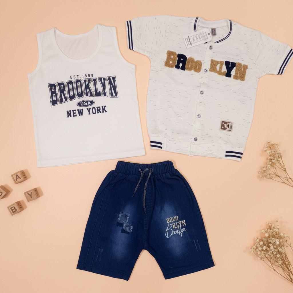 Boys Brooklyn NYC 3-Piece Set – Vest, Baseball Shirt & Denim Shorts