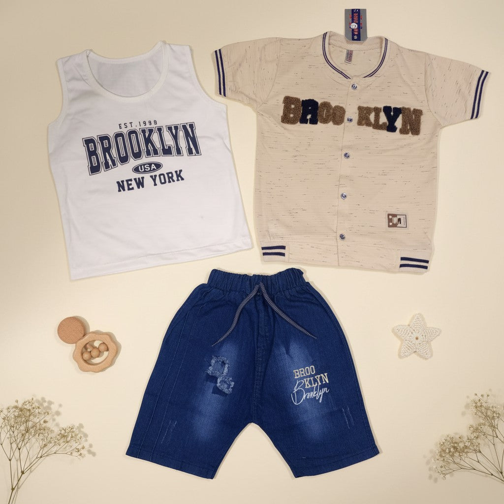 Boys Brooklyn NYC 3-Piece Set – Vest, Baseball Shirt & Denim Shorts