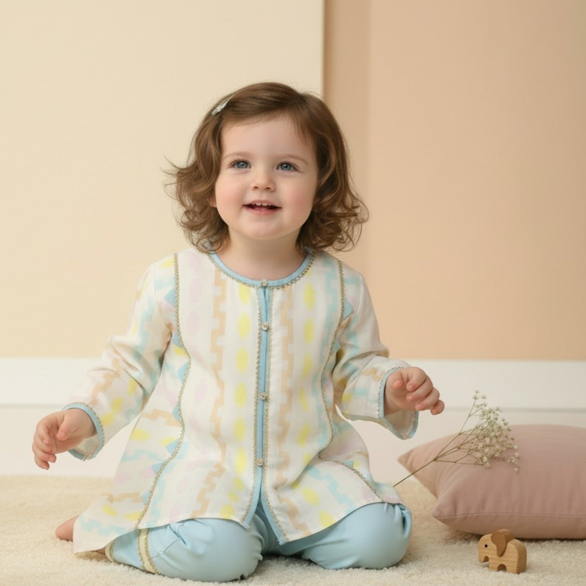 Girls Pastel Printed Kurti & Trouser Set