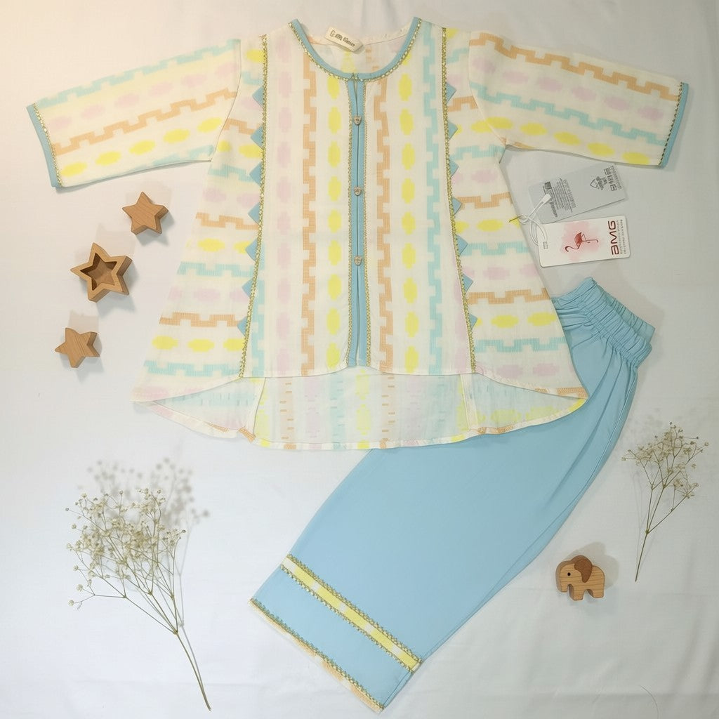 Girls Pastel Printed Kurti & Trouser Set