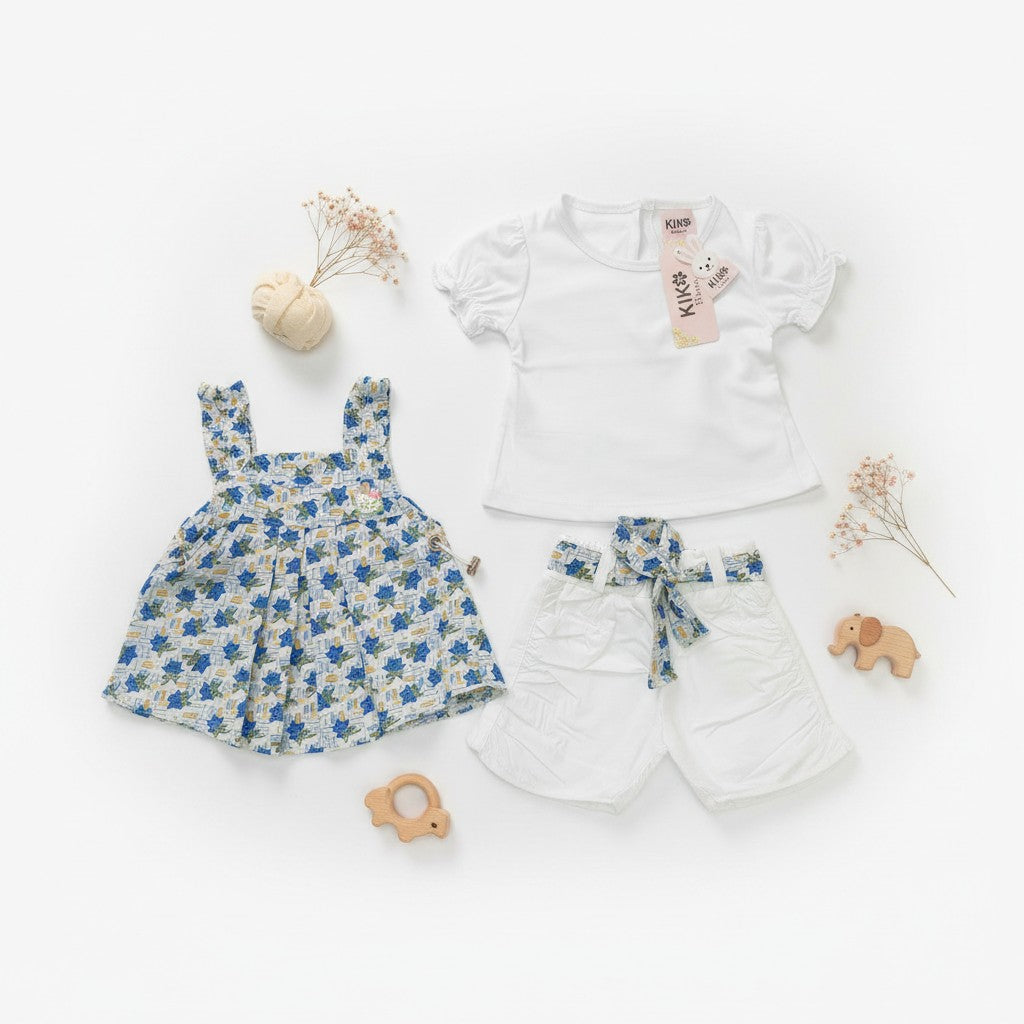 Baby Girl Floral 3-Piece Set – Dungaree Top, Puff Sleeve Tee & Shorts