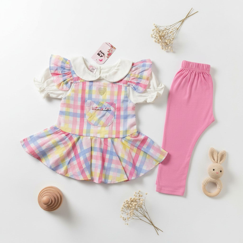 Girls Pastel Check Peplum Top & Leggings Set