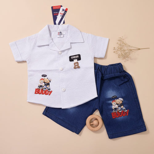 Baby Boys Buddy Bear Striped Shirt & Denim Shorts Set