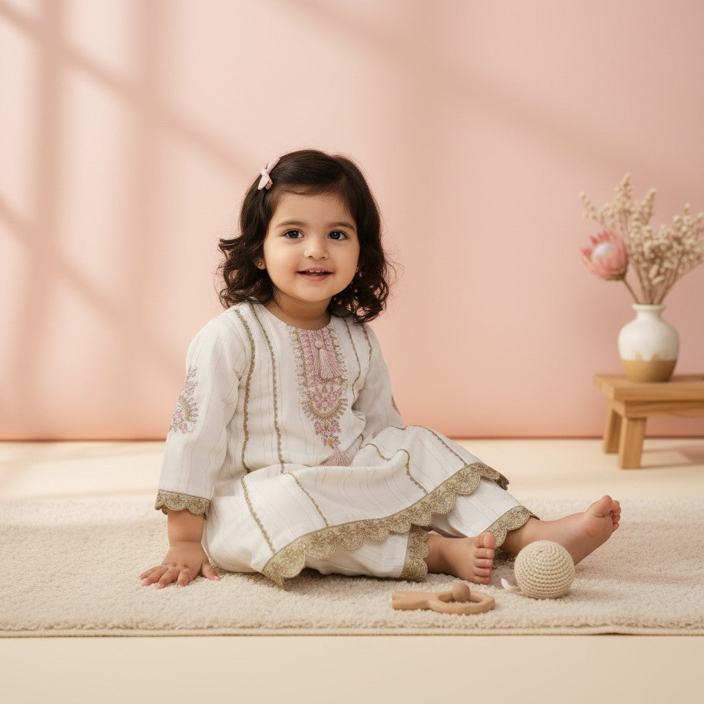 Girls Embroidered Kurta Palazzo Set | White with Gold & Pink