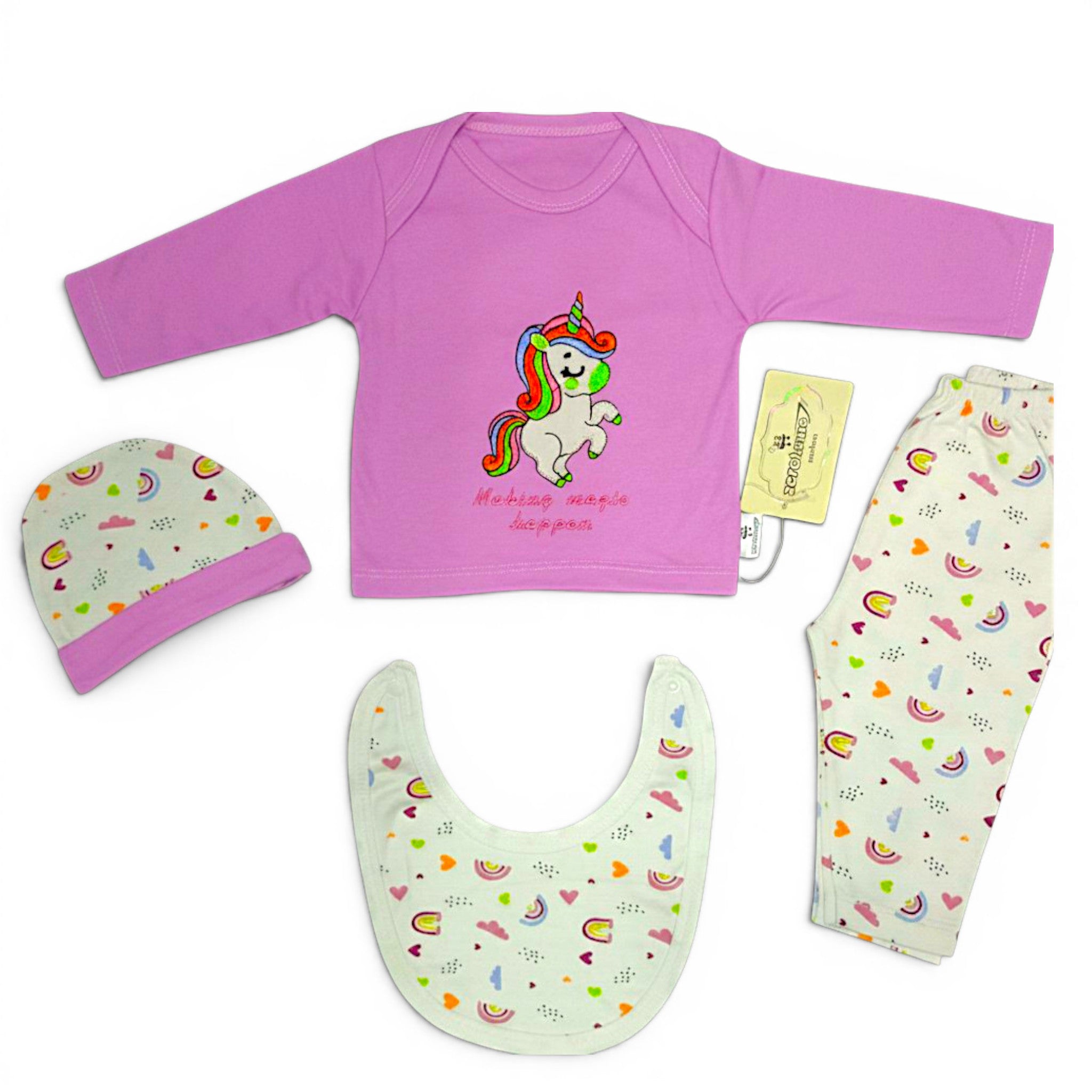 Baby Unicorn 4-Piece Gift Set – Rainbow & Hearts Infant Outfit