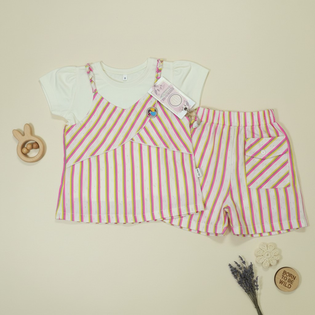 Girls Rainbow Stripe 3-Piece Set (Cami Top + White Tee + Shorts)