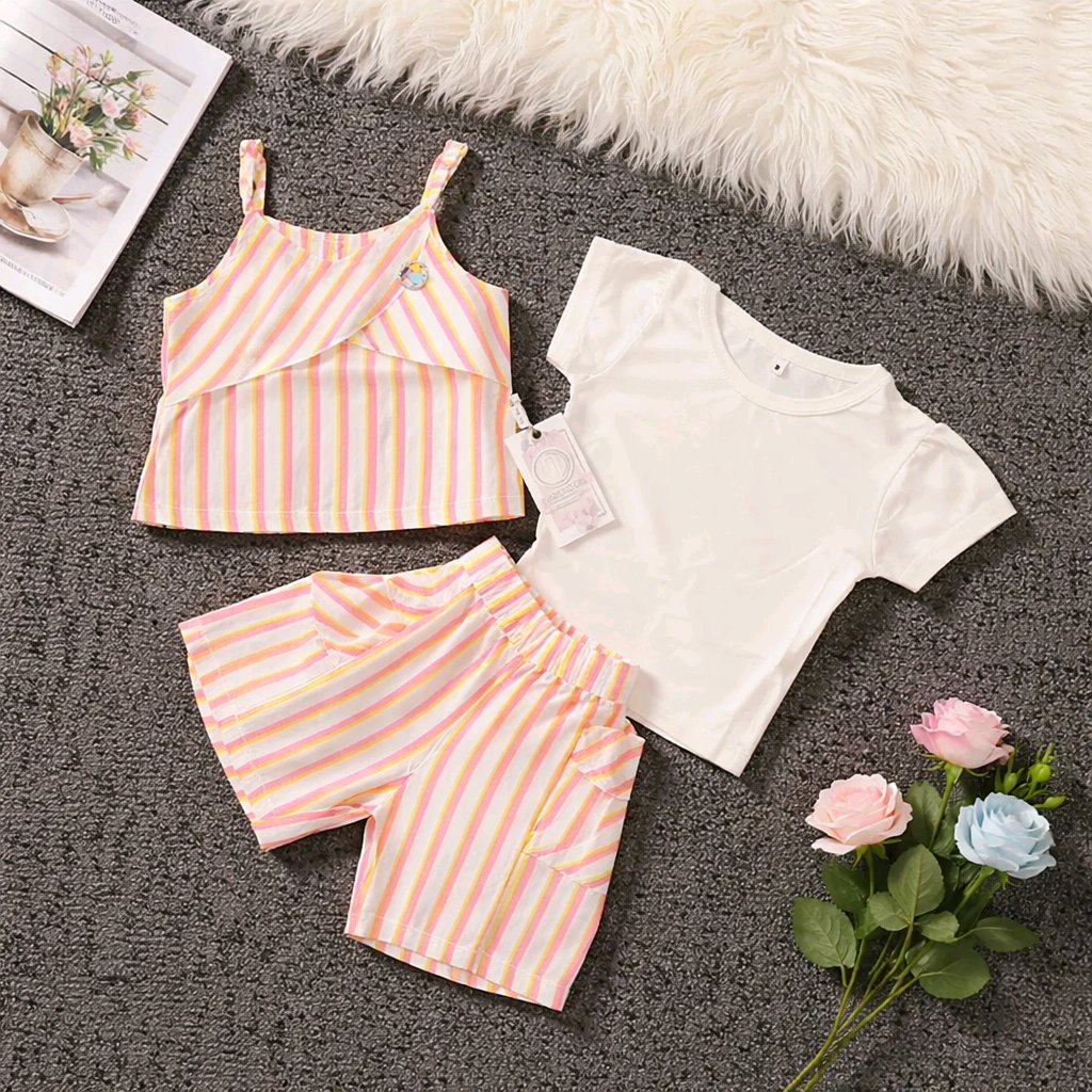 Girls Rainbow Stripe 3-Piece Set (Cami Top + White Tee + Shorts)