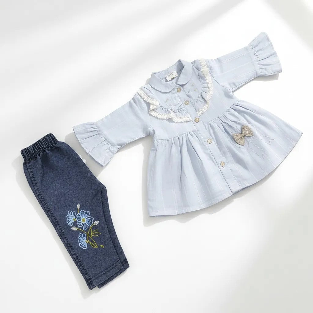 BabyLio light blue striped dress with lace trim, pearl buttons, bow accent, and embroidered denim leggings.