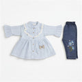 BabyLio light blue striped dress with lace trim, pearls, bow, and embroidered floral denim leggings set.
