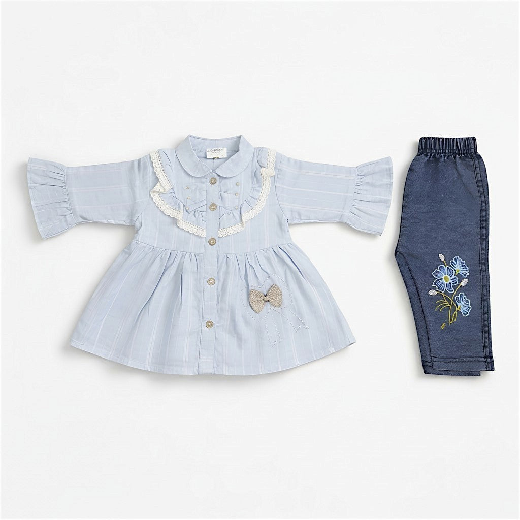 BabyLio light blue striped dress with lace trim, pearls, bow, and embroidered floral denim leggings set.