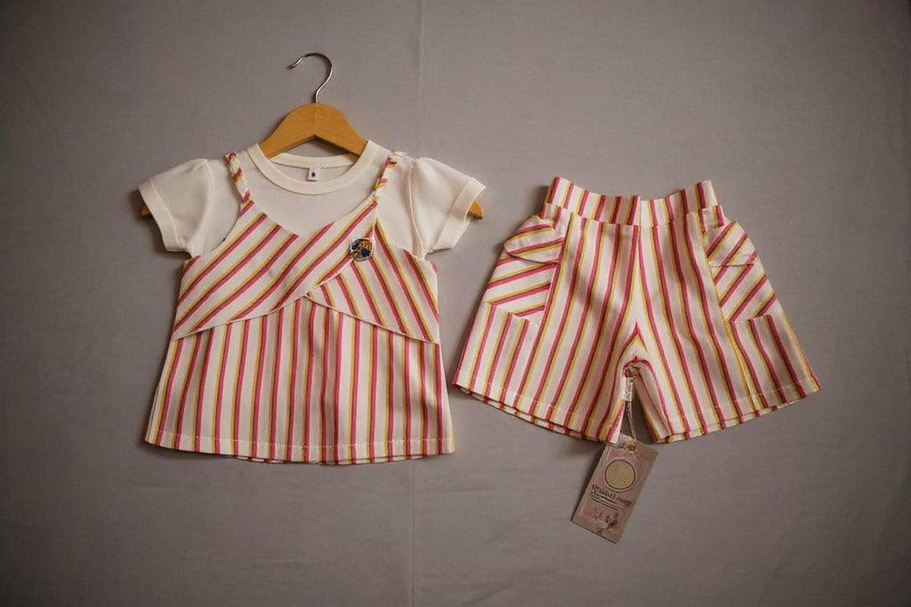 Girls Rainbow Stripe 3-Piece Set (Cami Top + White Tee + Shorts)