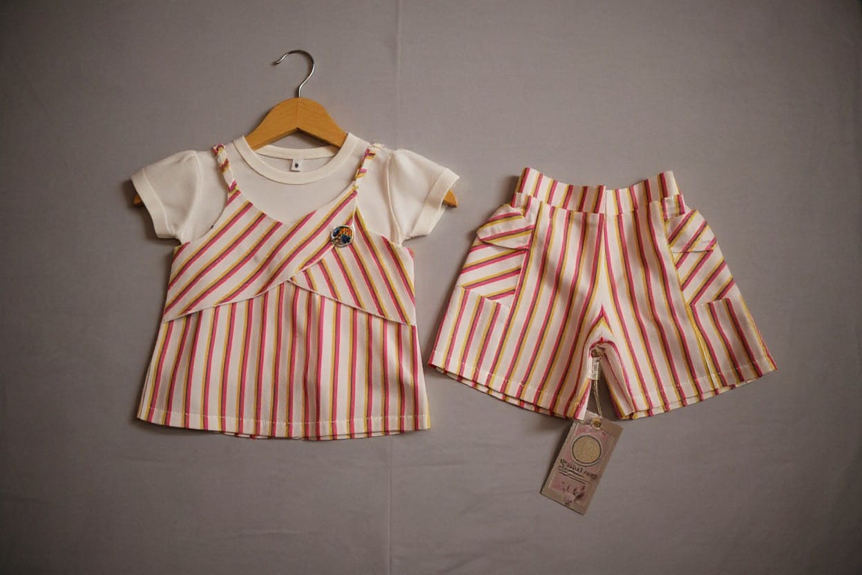 Girls Rainbow Stripe 3-Piece Set (Cami Top + White Tee + Shorts)