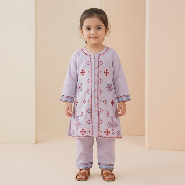 Girls Cross Stitch Embroidered Kurta Trouser Set | White & Lilac