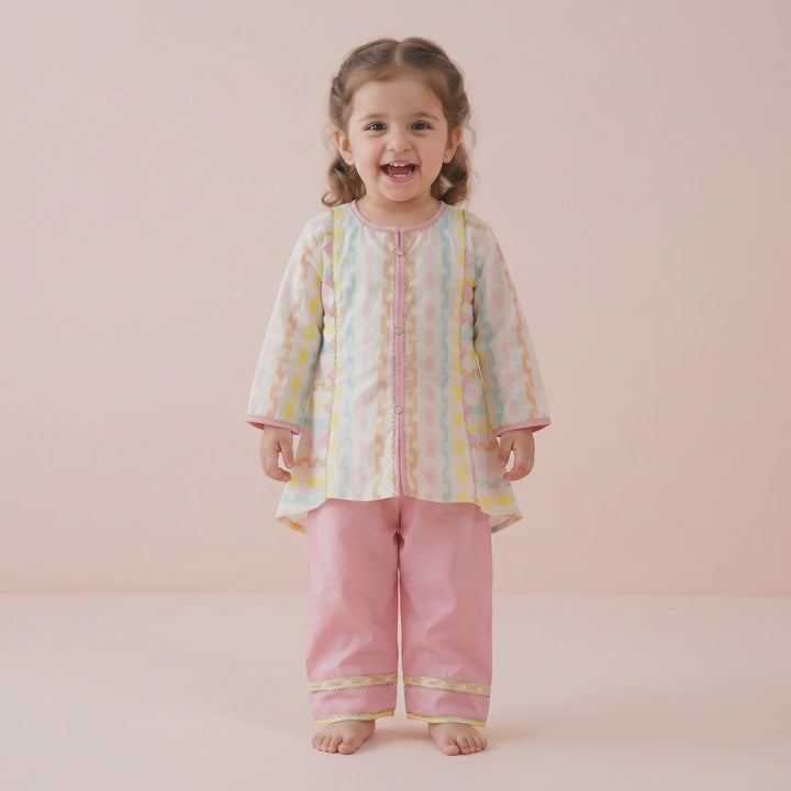 Girls Pastel Printed Kurti & Trouser Set