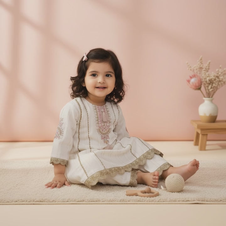 Girls Embroidered Kurta Palazzo Set | White with Gold & Pink