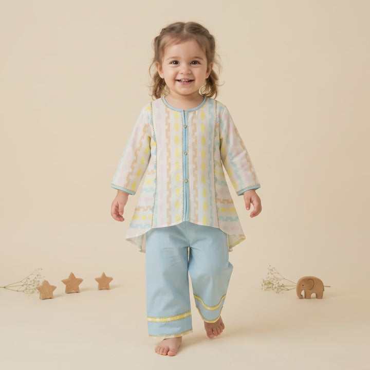 Girls Pastel Printed Kurti & Trouser Set