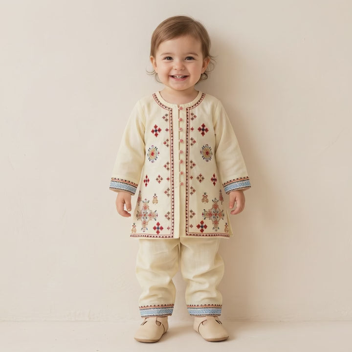 Girls Cross Stitch Embroidered Kurta Trouser Set | White & Lilac