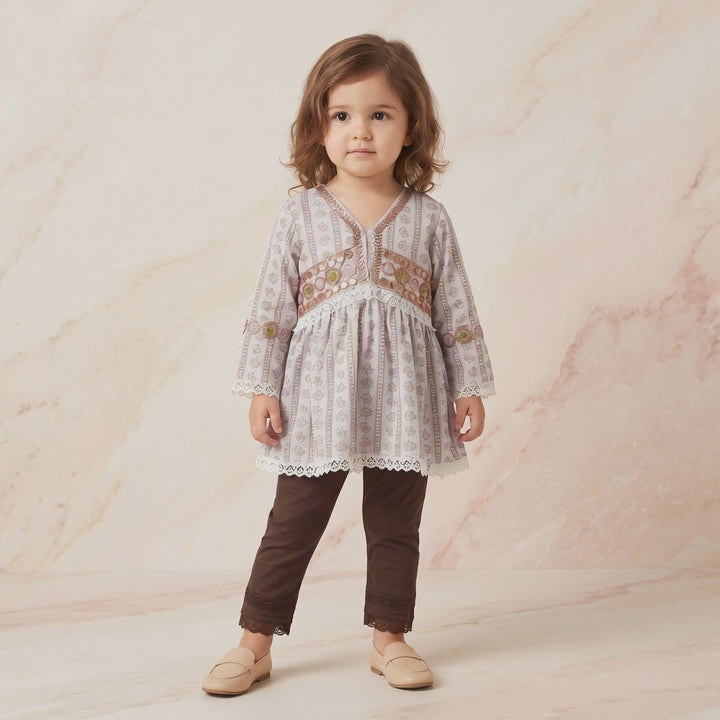 Girls Embroidered Kurti with Dark Brown Pants